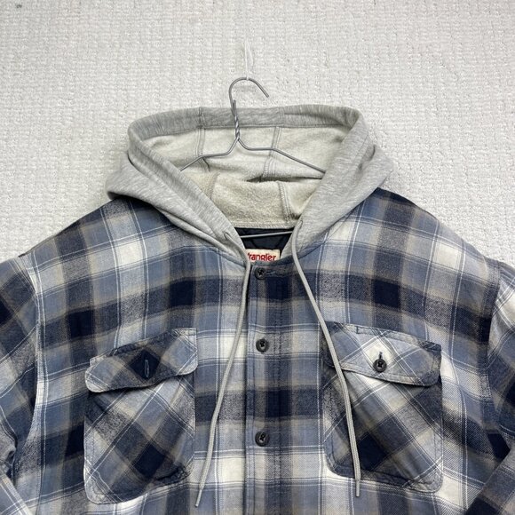 Wrangler Hooded Flannel Quilted Lined Shirt Jacket Men’s 2XL Blue Button Up - Picture 2 of 16